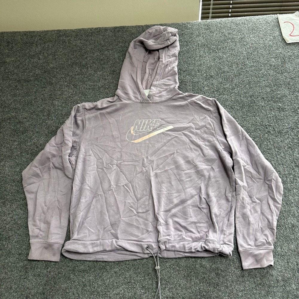 Nike Hoodie Womens Size L Purple Viscose Blend Drawstring Hem Logo Pullover